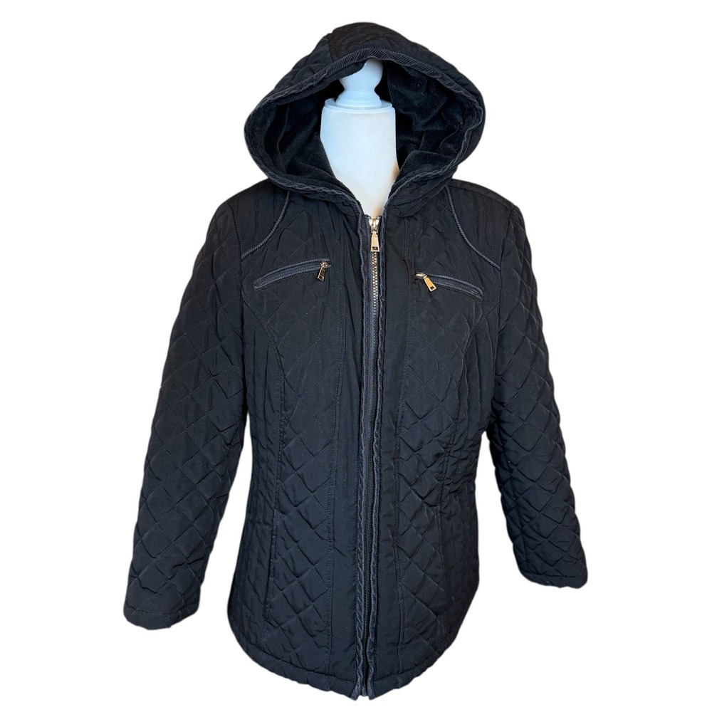 Braetan Womens Large Quilted Hooded Jacket Black Fleece Lined Zip Pockets